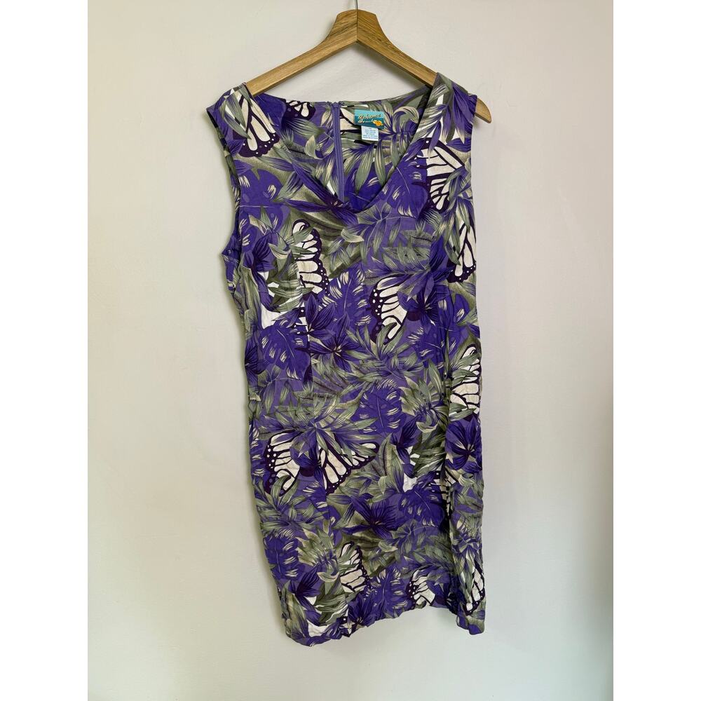 Bahama Beach Sheath Dress 14 Purple Green Palm Butterfly Wing Print Sleeveless